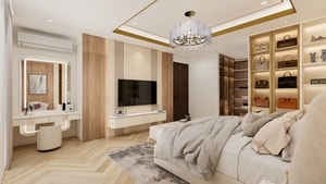 master bedroom rumah modern dengan tv kabinet