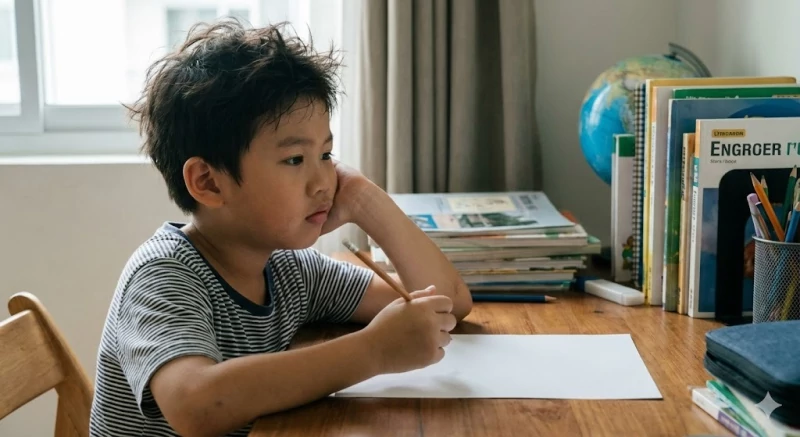 Ilustrasi Anak Bengong di Depan Kertas Kosong