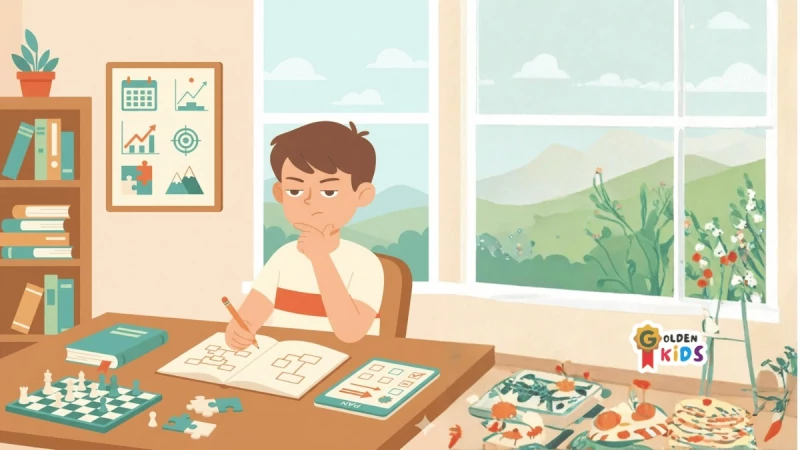 Ilustrasi INTJ Kids: papan rencana, milestone, fokus tenang