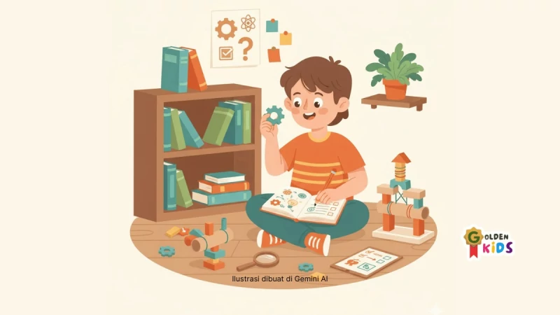 Ilustrasi INTP Kids: papan ide, eksperimen mini, suasana tenang untuk berpikir