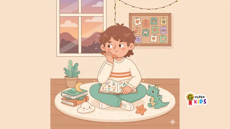 Ilustrasi INFP Kids: membaca, menulis/berkarya, suasana tenang hangat