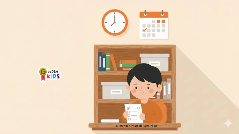 Ilustrasi ISTJ Kids: meja rapi, papan jadwal, dan tugas yang ditandai selesai