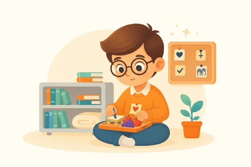 Ilustrasi ISFJ Kids: jadwal harian, rak rapi, membantu bereskan meja