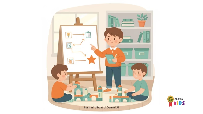 Ilustrasi ENTJ Kids: memimpin diskusi, papan strategi, target mingguan