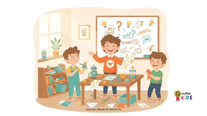 Ilustrasi ENTP Kids: banyak ide, papan eksperimen, diskusi seru