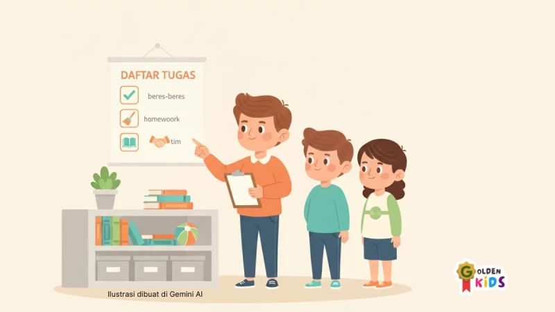 Ilustrasi ESTJ Kids: papan tugas, ketua kelompok mengatur langkah kerja