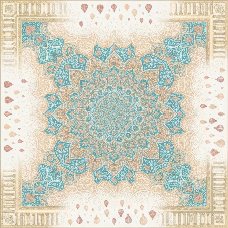 Desain jilbab voal premium The Iznik Radiance motif simetri ubin Iznik